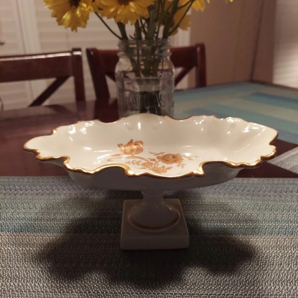 1950s Limoges France Porcelain Compote PEDESTAL DISH Gold Gilt Scalloped DISPLAY